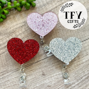 Heart Badge Reel, Nurse Gift, Teacher Badge Reel, Valentines Acrylic Badge Reel, Glitter Heart Badge Holder, Interchangeable Nurse ID Holder