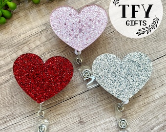Heart Badge Reel, Nurse Gift, Teacher Badge Reel, Valentines Acrylic Badge Reel, Glitter Heart Badge Holder, Interchangeable Nurse ID Holder