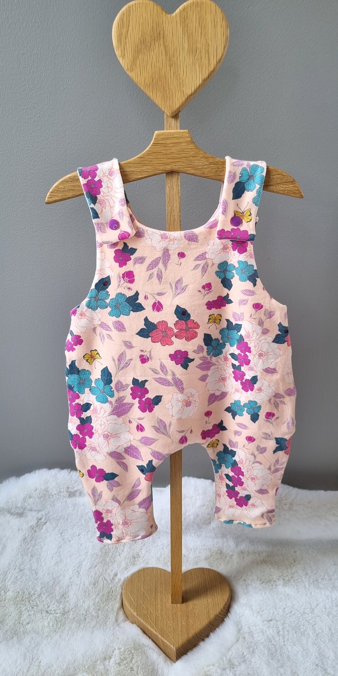 Pink Flower Baby Dungarees, Fully Double Lined With Baby Pink Matching