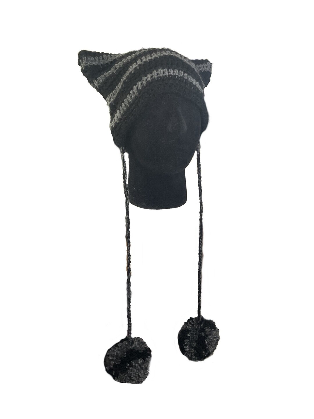 Striped Black and Grey Cat Hat With Pom Poms Etsy