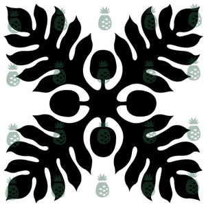 May include: A symmetrical design featuring large black leaves and stylized pineapples in a repeating pattern on a white background. The pineapples are a muted green color, adding a subtle contrast to the bold black and white design.