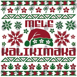 Puede incluir: Un diseño festivo con las palabras "MELE KALIKIMAKA" en rojo, con un gorro de Papá Noel, copos de nieve y elementos florales tropicales. El diseño incluye acentos verdes y rojos, creando un tema navideño.