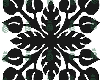 May include: Black and white silhouette of a Hawaiian flower, known as a "hibiscus", with a pineapple pattern in the background.