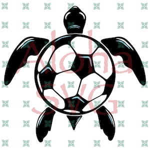 May include: Black and white silhouette of a sea turtle with a soccer ball for a shell.