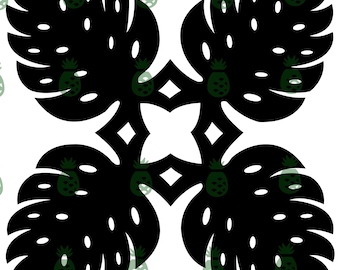 May include: Black silhouette of a four-leaf clover design with a central diamond shape. The design is made up of four stylized leaves with rounded edges.
