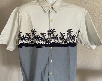 Old Navy 100 Percent Cotton Blue Large Shirt Sleeve Shirt With Dark Blue Palm Trees