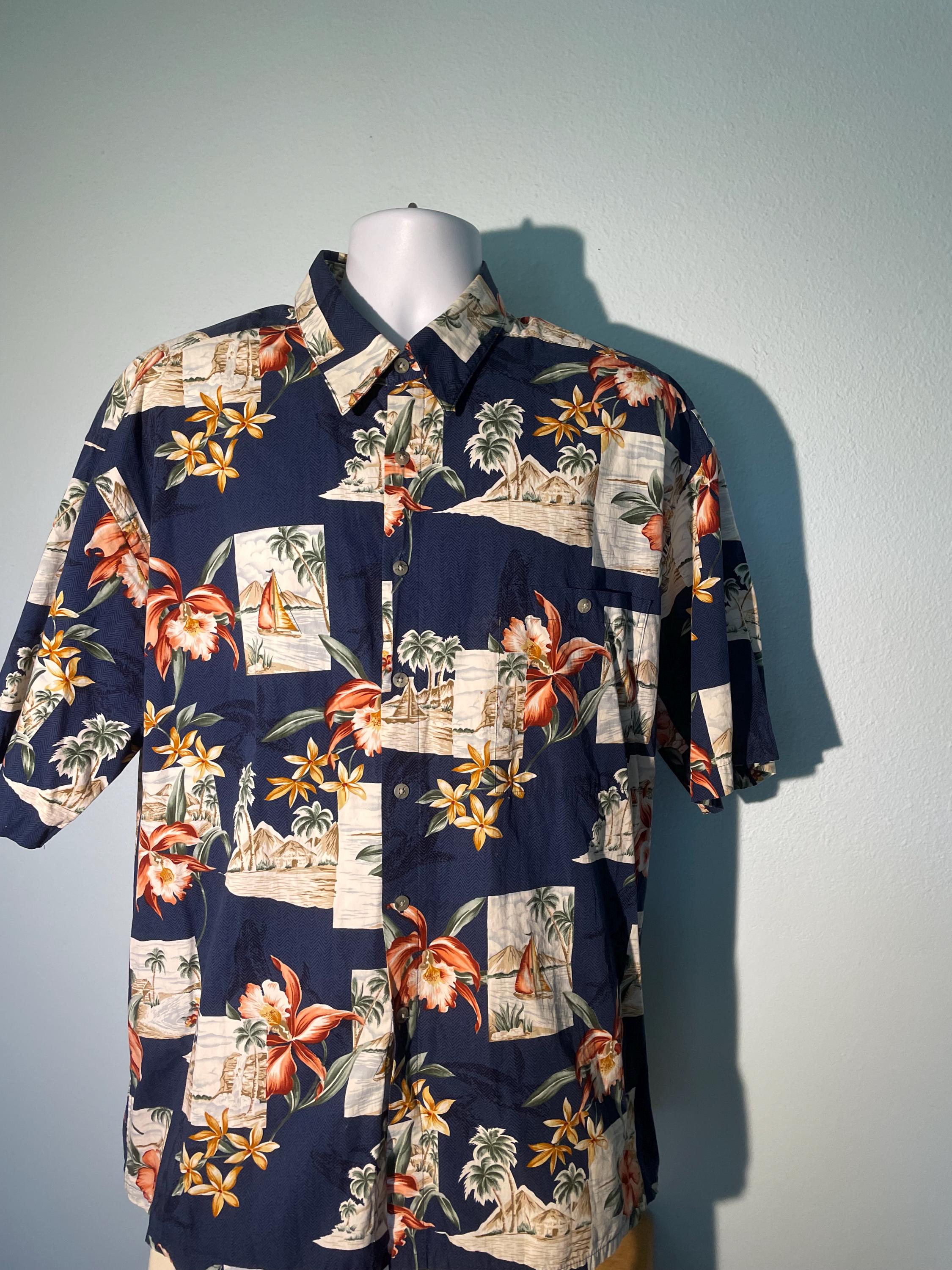 Men's XXL Blue Tropical Button Pocket Cotton Short Sleeve Shirt