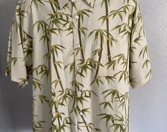 Men's Silk Rayon XL Short Sleeve Bamboo Leaf Shirt With Front Button Pocket