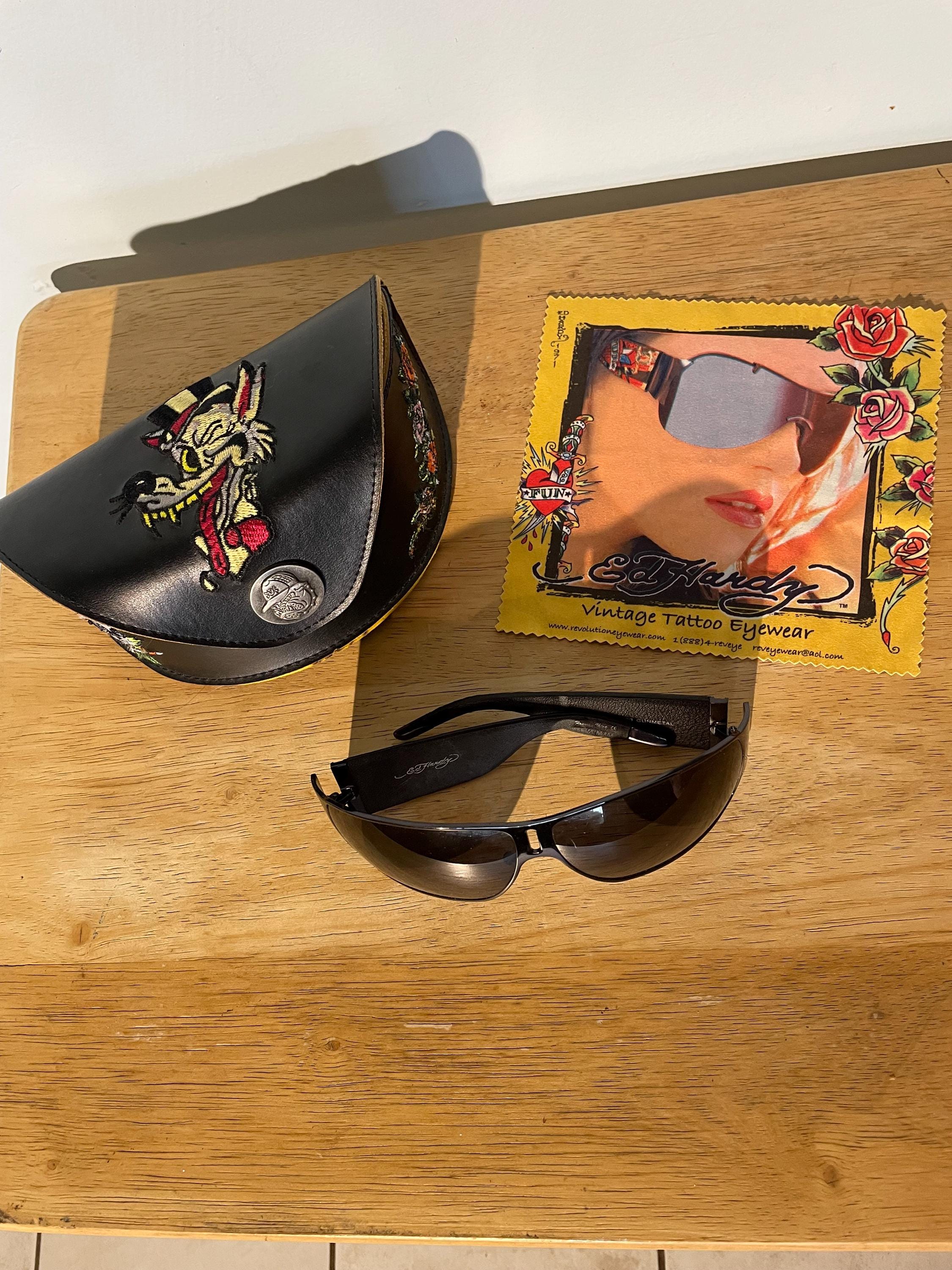 Gunmetal Wrap Around Ed Hardy Sunglasses With Decorative Case and
