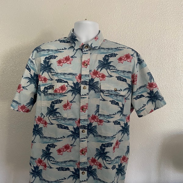 Classic Fit Men's XL Front Button Pocket Blue Short Sleeve Tropical Back Flap Shirt