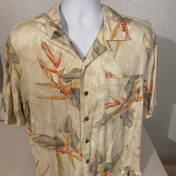 Caribbean Joe Men's Large Short Sleeve Bird Of Paradise Front Pocket Rayon Shirt