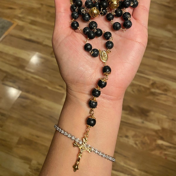 black stone beads rosary with gold plated rosario de piedra negra natural