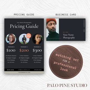 Dark, Modern Photography Pricing Guide and Business Card Kit Bundle Set, Fully Customizable, Editable Photoshop Template
