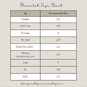 May include: A chart showing recommended bracelet sizes in inches for different ages, from toddler to extra large. The chart includes sizes for 6-10 years, teenager, XS adult, small, medium, large, XL, and XXL.