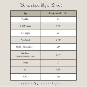 May include: A chart showing recommended bracelet sizes in inches for different ages, from toddler to extra large. The chart includes sizes for 6-10 years, teenager, XS adult, small, medium, large, XL, and XXL.