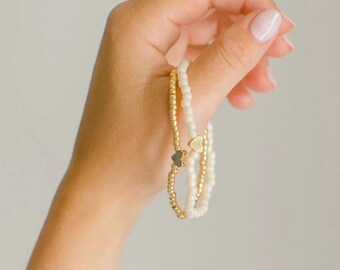 Personalized Gold Heart Seed Bead Bracelet, Custom Initial Stacking Mama Jewelry