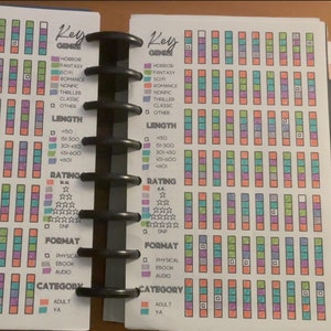May include: A book tracker with a key for genre, length, rating, format, and category. The key includes colors for each option. The tracker has a grid of squares for recording books read.