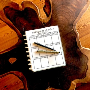 May include: A white planner with a black and white grid and the text "THREE-ACT structure ROMANCE EDITION" on the cover. The planner is open to a page with the headings "ACT ONE", "ACT TWO", and "ACT THREE". The page is divided into sections with headings such as "MEET CUTE", "THE THREE DATES", "PULL BACK", "THE SACRIFICE", "THE FALL", "DECLARATION", "GIVING IT ALL", "I NEED YOU BUT", "THE BREAK UP", and "HEA".