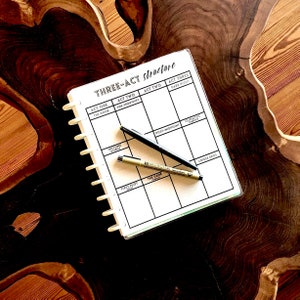 Könnte beinhalten: Ein weißer Planer mit einem schwarzen Raster und dem Text "THREE-ACT structure" auf der Vorderseite. Der Planer ist auf einer Seite geöffnet, die die Überschriften "Akt Eins", "Akt Zwei", "Akt Zwei" und "Akt Drei" trägt. Auf der Seite liegen zwei schwarze und goldene Marker.