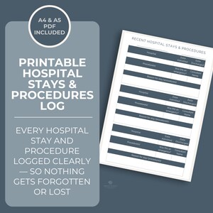 May include: Printable hospital stays and procedures log. The design includes a white sheet with a table for recording hospital visits and procedures. The text on the left side says "Printable Hospital Stays & Procedures Log". The log is designed to help keep track of hospital stays.