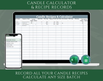 Peut inclure: Un écran d'ordinateur affichant une feuille de calcul intitulée "Recettes de bougies et calculatrice". La feuille de calcul comporte des colonnes pour le nom de la bougie, le nom du parfum, la taille du pot, la taille du lot, le type de cire, la charge de parfum, la couleur du colorant, la quantité de colorant, le type de mèche, la quantité de mèche et la quantité de cire. Un smartphone est affiché à côté de l'ordinateur, affichant une liste de noms de bougies. Le texte "ENREGISTREZ TOUTES VOS RECETTES DE BOUGIES CALCULER TOUT LOT DE TAILLE" est affiché sous l'écran de l'ordinateur.