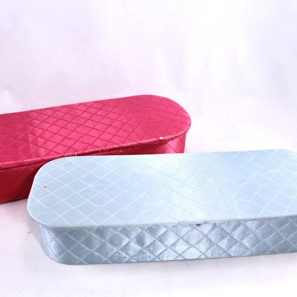 Two vintage satin glove boxes - quilted, pink, blue, oval, storage, lingerie, drawer organizers, mid century, 1950s