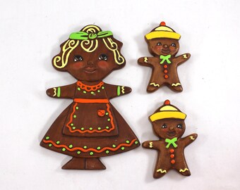 SET OF THREE vintage ceramic gingerbread cookie people - family, 1970s, homemade, handmade, wall hangings, folk art, figurines, kitchen art