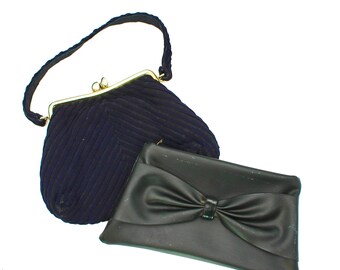 Two vintage midcentury purses - black vinyl clutch with bow, navy blue fabric handbag with clasp and top strap, 1940s, 1950s, 1960s