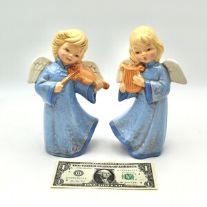 Pretty vintage ceramic angel figurines - set, two, porcelain, music, Christmas, instruments, harp, violin