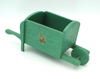 Vintage green wooden storage box - wheelbarrow shape, planter, primitive, rustic, folk art, small, cart, decoupage, cottagecore, shabby