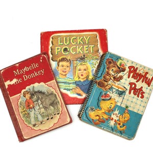 Three cute 1950s vintage children's books - Maybelle Donkey, animal stories, schoolbook readers, primary, cat, dog, illustrations, hardcover
