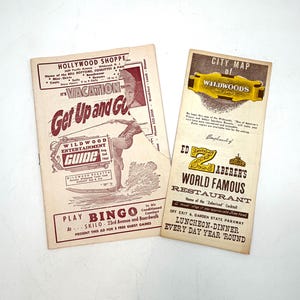 May include: Two vintage Wildwood, New Jersey, ephemera pieces. One is a brochure with the text "It's Vacation Get Up and Go" and a surfer graphic. The other is a map of Wildwoods and an advertisement for Ed Zaberer's World Famous Restaurant.