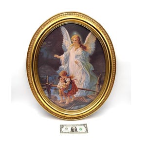 LARGE vintage gold oval picture frame - tall, glass cover, plastic, 1980s, angel print, 19x23