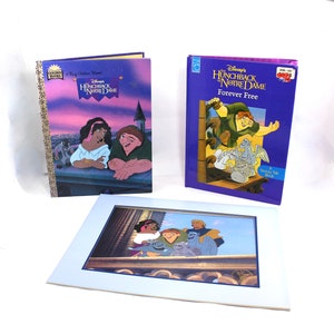 Disney Hunchback of Notre Dame hardcover books and lithograph - vintage, Mouse Works, Sturdy Tab, Esmeralda, Quasimodo, 1990s, 90s, movie