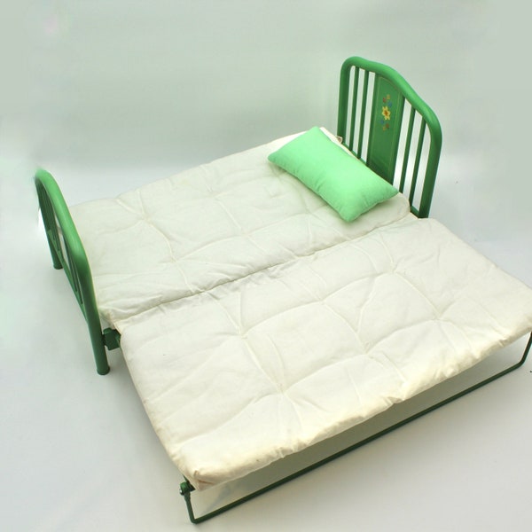 Vintage American Girl Kit trundle bed - doll furniture, Pleasant Company, green metal, Kit Kittridge, retired, mattress, pillow