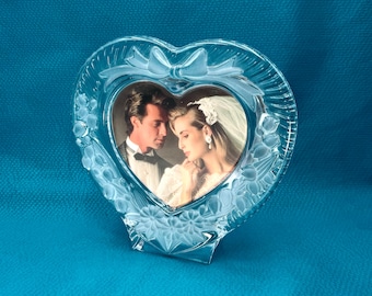 Crystal glass heart shaped picture frame - vintage, 3x4, 4x5, Valentine's Day, sweetheart, boyfriend, roses, flowers, empty, small