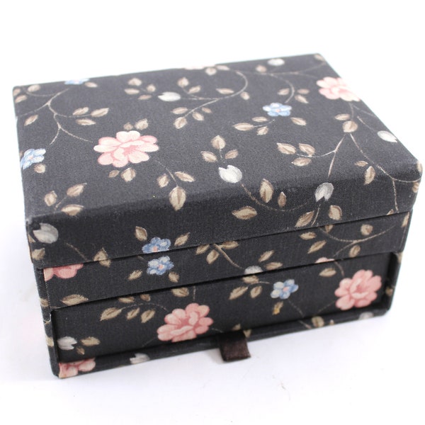 Darling 1980s fabric jewelry box - vintage, 80s, mirror, black, pink, floral, flowers, small, trinket