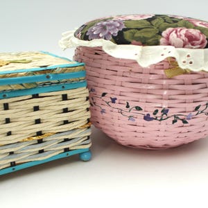 Two cute vintage wicker sewing baskets and bonus buttons - pink, blue, floral fabric lid, sewing box, pincushion