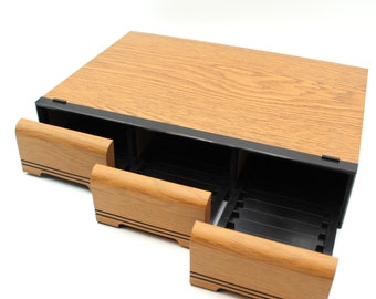 Vintage cassette tape storage case - holder, 1980s, 80s, caddy, desktop, faux wood tone, three drawers, holds 42 tapes!