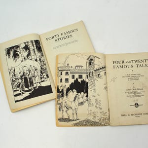 May include: Four vintage books are open, displaying illustrations and text. The books include "Forty Famous Stories" and "Four and Twenty Famous Tales." The illustrations are black and white, depicting scenes with an elephant, people, a horse, and buildings.