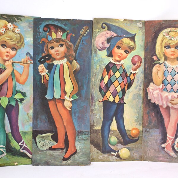 SET DE 4 impresiones vintage de ojos grandes - artista Goji, arlequines, niños, niñas, cuadro, litografía de papel, arte de la década de 1960, 15 "de altura