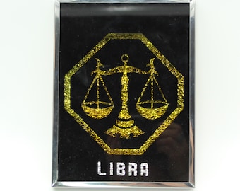 Vintage 1960s or 1970s Libra wall sign - foil, black, gold, art, wall hanging, decor, zodiac sign, astrology, scales