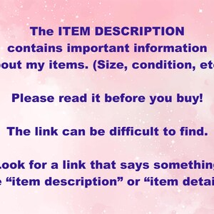 May include: A pink background with a subtle star pattern. Dark blue text states: "The ITEM DESCRIPTION contains important information about my items. (Size, condition, etc.) Please read it before you buy!" and more.
