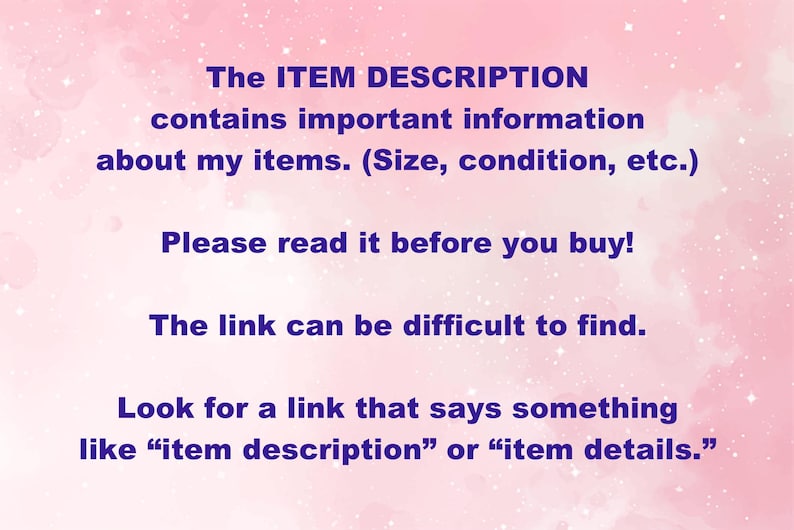 May include: A pink background with a subtle star pattern. Dark blue text states: "The ITEM DESCRIPTION contains important information about my items. (Size, condition, etc.) Please read it before you buy!" and more.