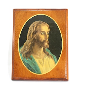Vintage Jesus Christ wall art - wooden plaque, lithograph, picture, folk art, Christian artwork, Catholic, face, bust, mid century