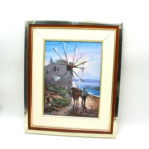 Original framed original oil painting - water, ocean, landscape, nature, antique, impressionist, man, horse, windmill