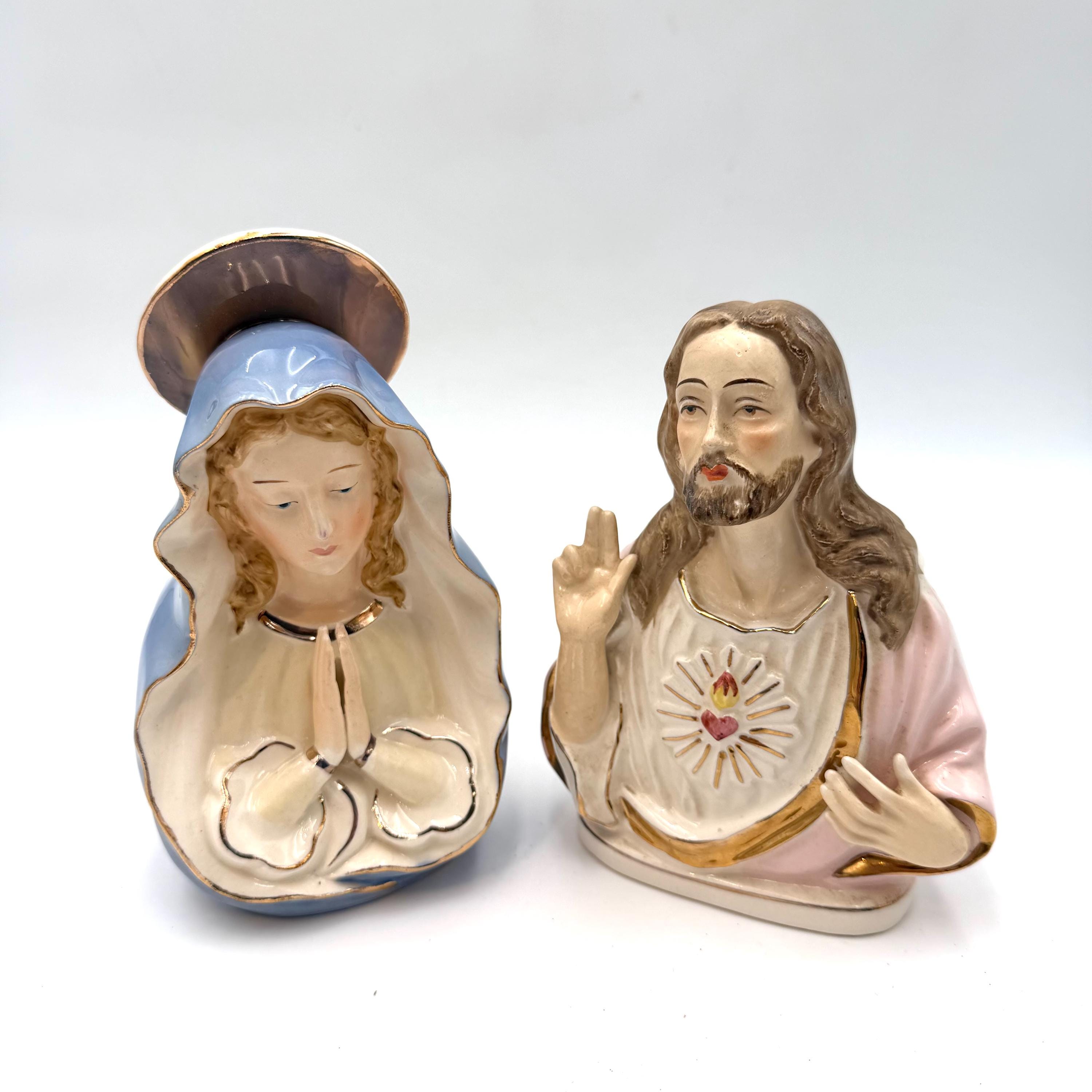 Lovely Porcelain Jesus and Virgin Mary Planter Figurines - Vintage