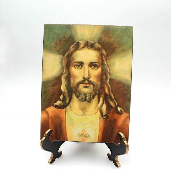 Vintage 1950s Sacred Heart of Jesus Christ picture - wooden plaque, lithograph, wall art, picture, Christian artwork, Catholic, mid century