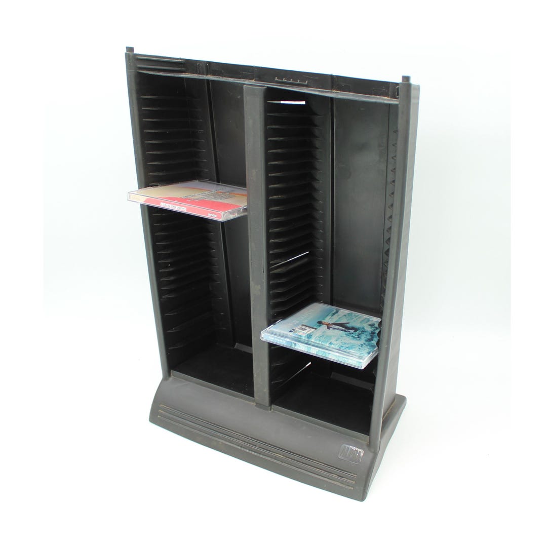 Large 1990s Vintage CD Tower - Tall, Black Plastic, Holder