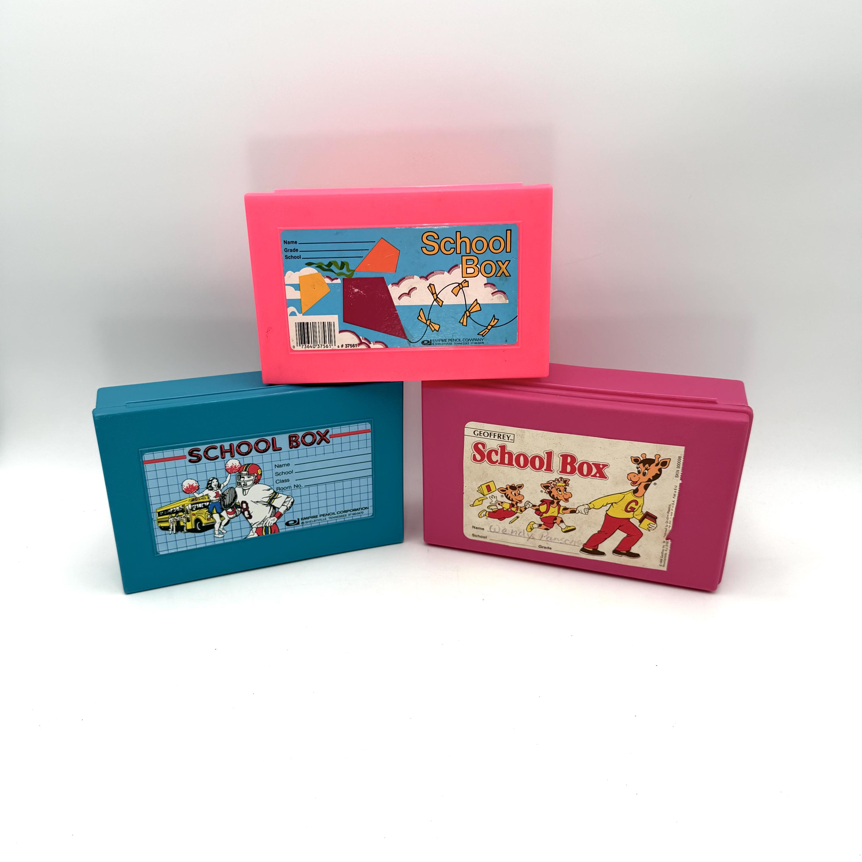 Three Vintage 1980s School Pencil Boxes - Plastic, Blue, Pink